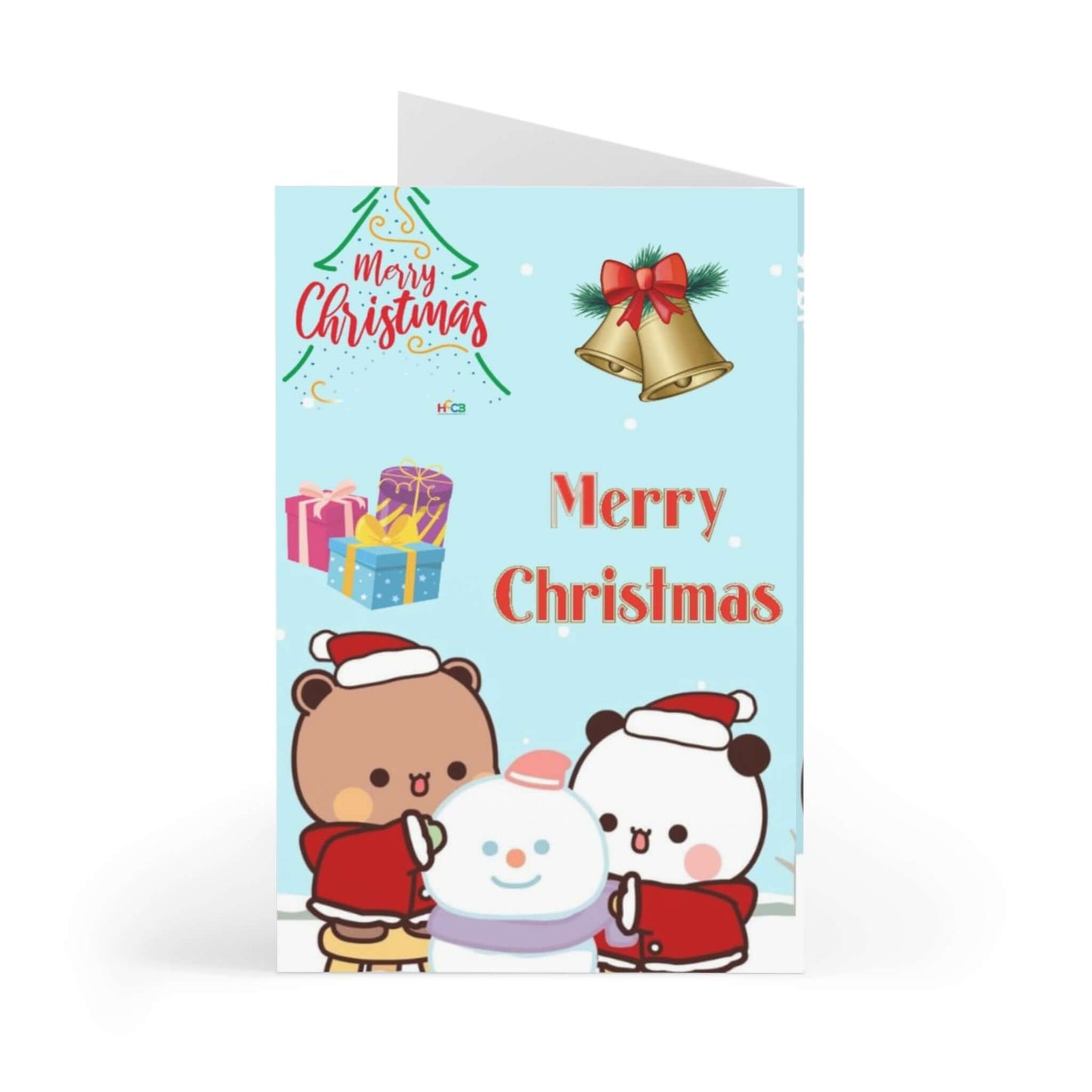 Bubu and Dudu Christmas card featuring cute bears and snowman, with festive decorations and 'Merry Christmas' text.