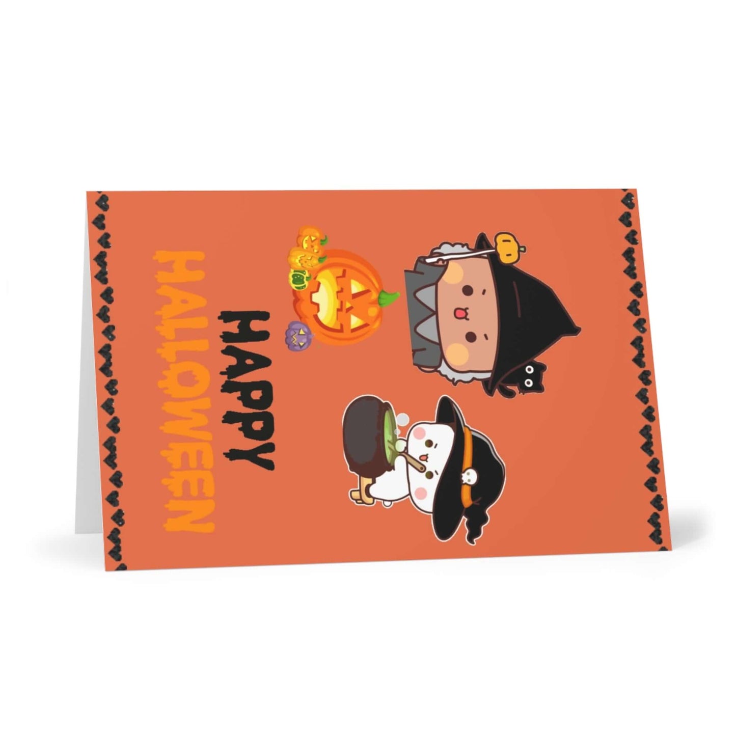 Halloween card featuring cute characters in costumes with a pumpkin and festive colors.