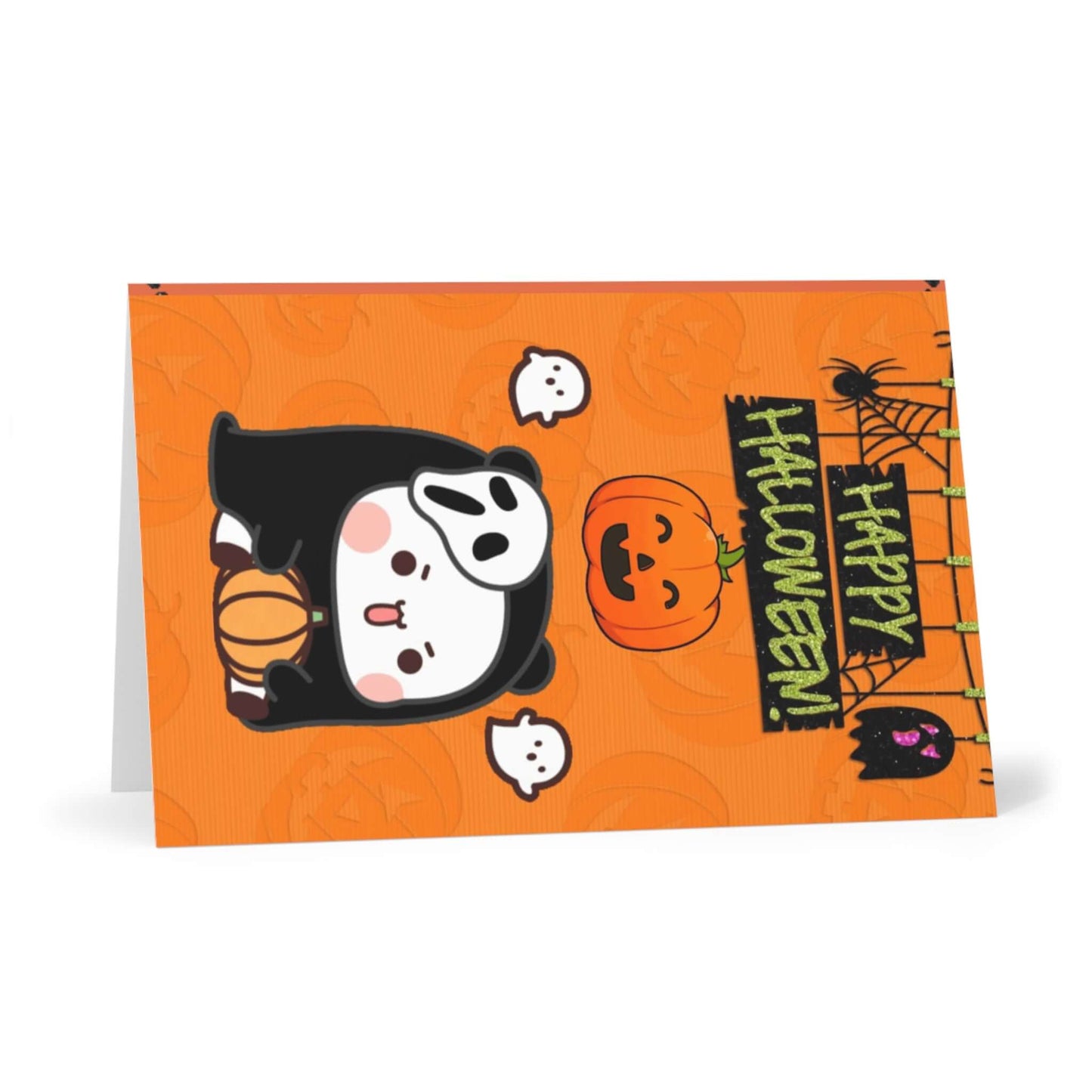 Happy Halloween Dudu and Bubu card featuring fun illustrations of a ghost and pumpkin on an orange background.