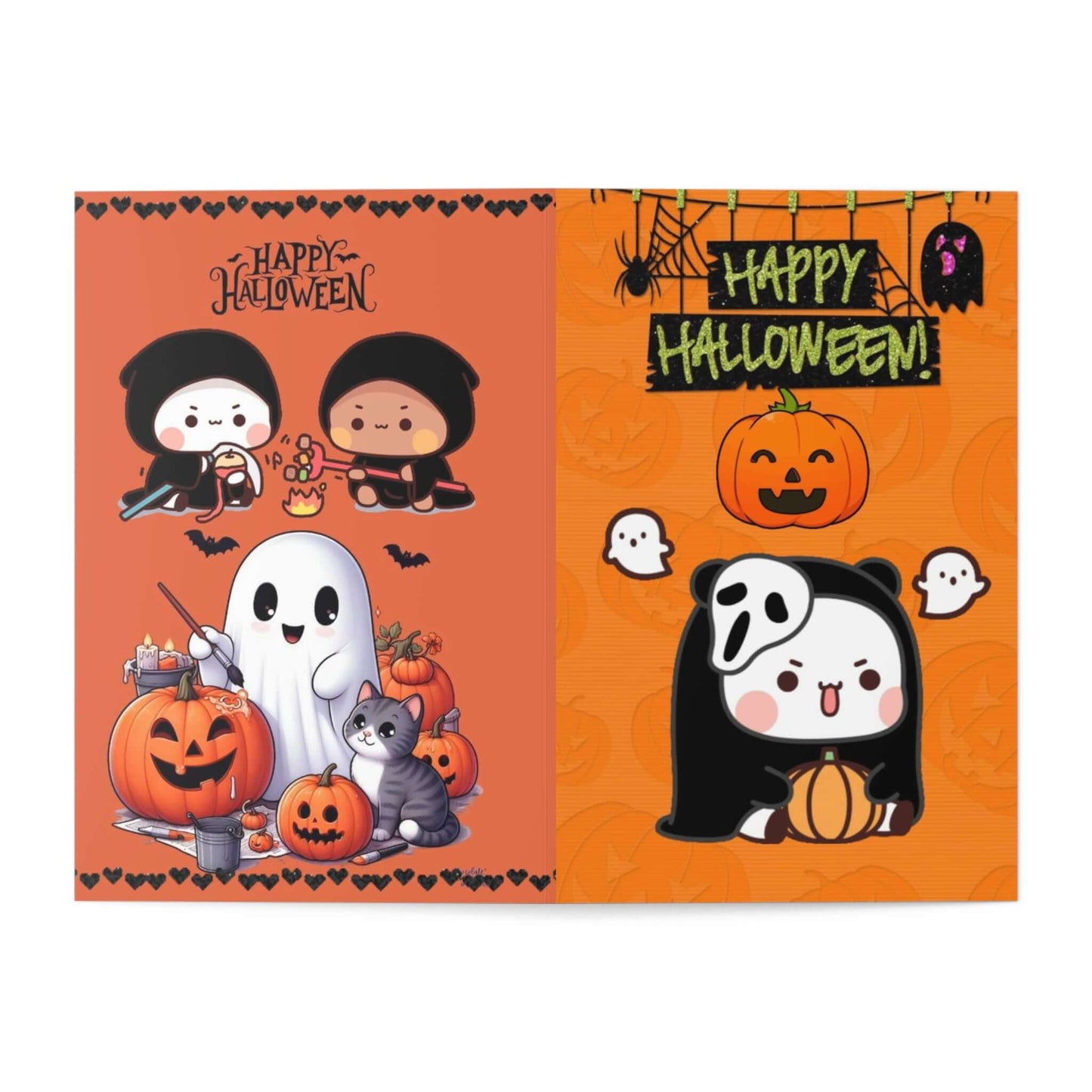 Happy Halloween card featuring Dudu and Bubu characters with pumpkins, ghosts, and Halloween decorations.