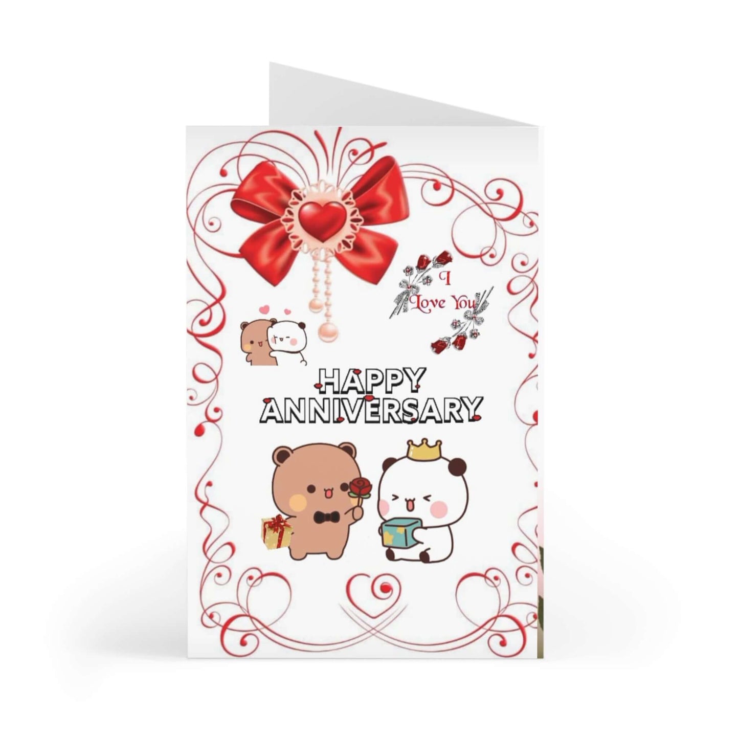 Cute anniversary card featuring cartoon bears with gifts, a red bow, and decorative hearts.