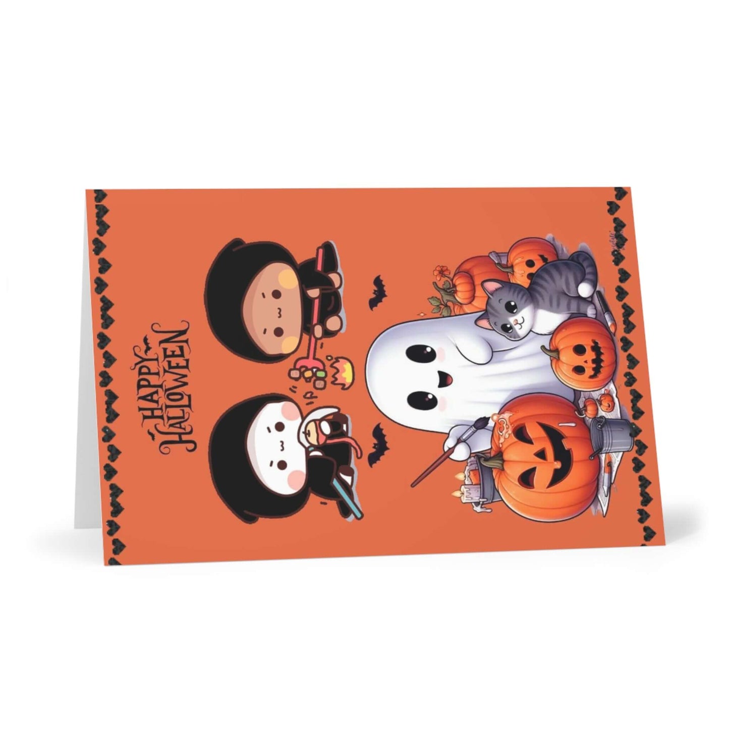 Halloween Dudu and Bubu Cards featuring cute characters, pumpkins, and a ghost on an orange background.