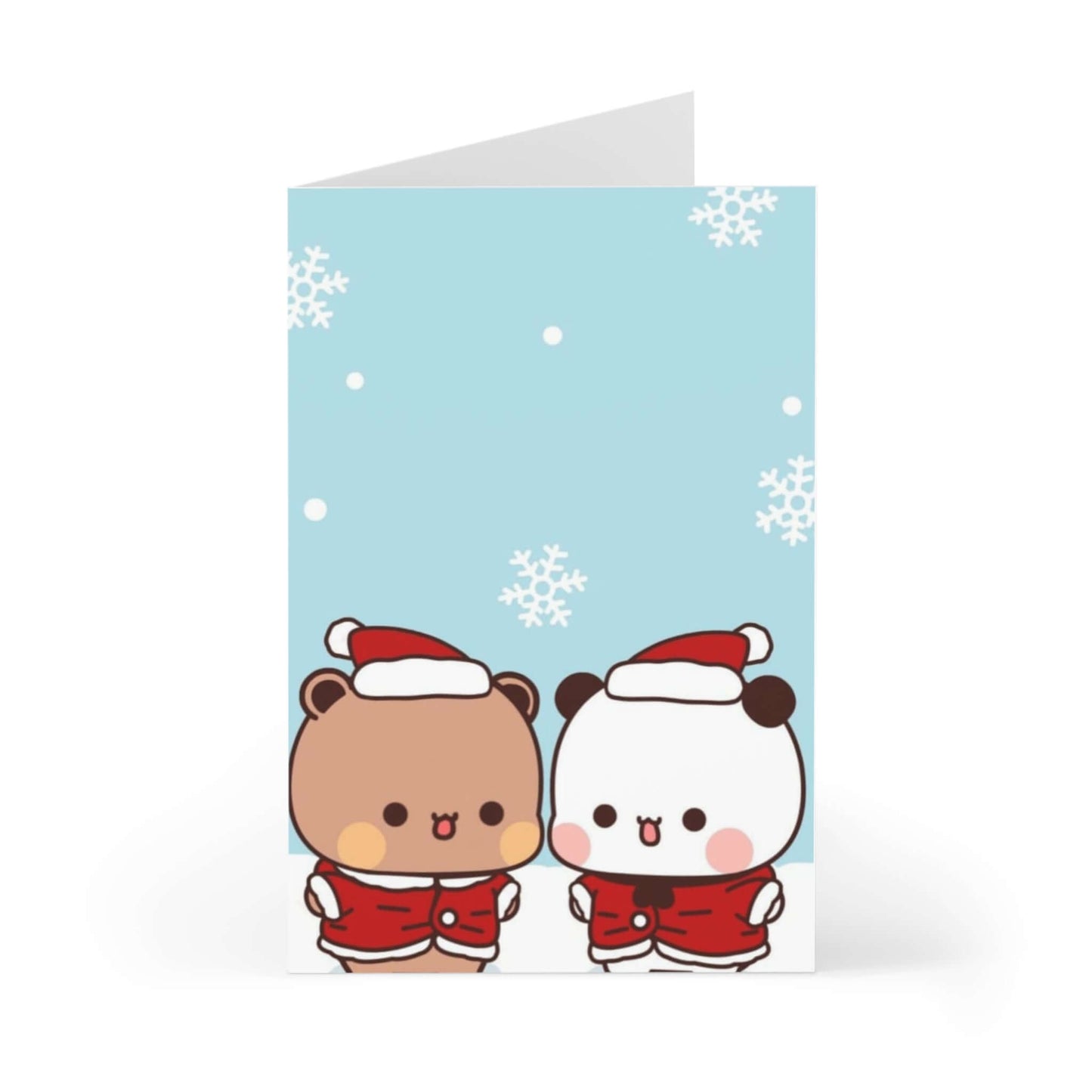 Bubu and Dudu Christmas card featuring cute bear and panda characters wearing Santa hats against a snowy blue background.