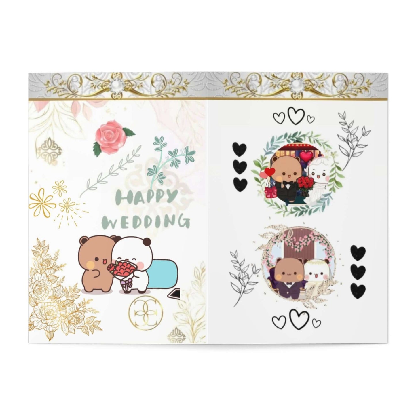 Cute wedding card featuring Bubu and Dudu with floral designs and the text 'Happy Wedding'.