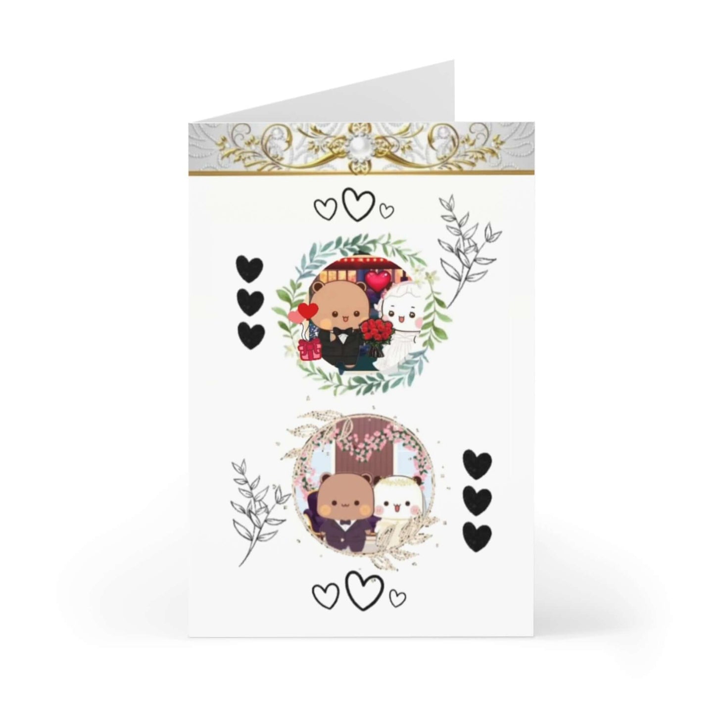 Bubu and Dudu wedding card featuring cute cartoon characters surrounded by hearts and floral elements.