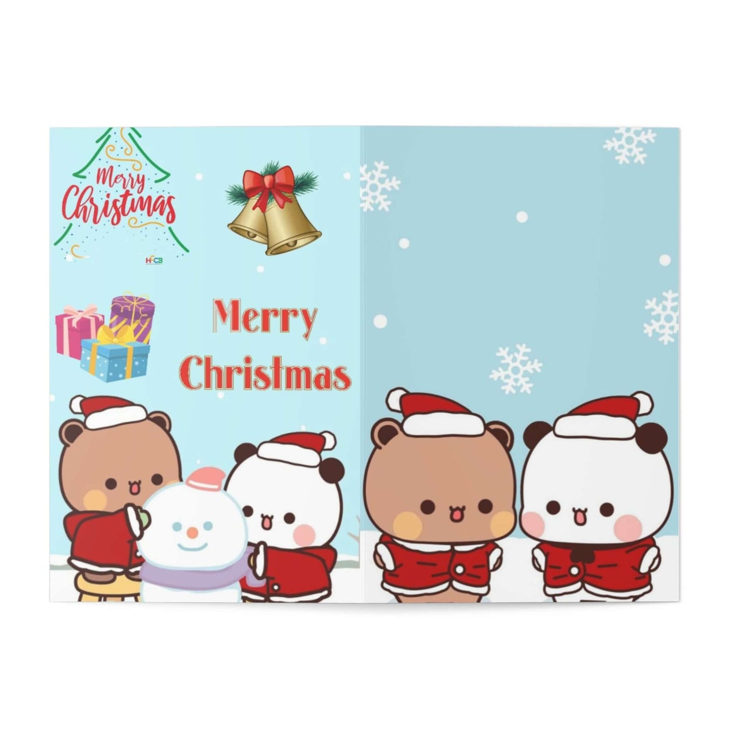Bubu and Dudu Christmas card featuring cute bears in Santa hats, snowman, and festive decorations.
