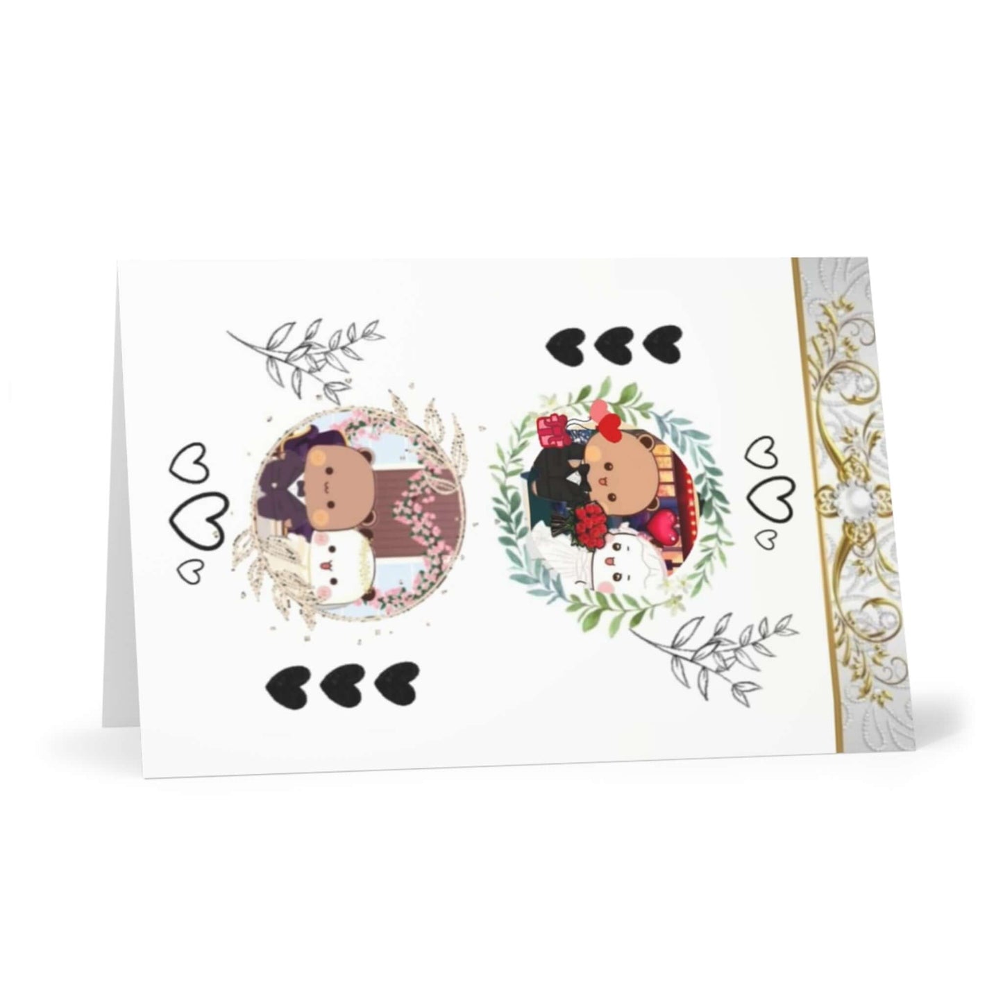 Bubu and Dudu happy wedding card featuring cute characters in decorative circles with hearts and floral accents.