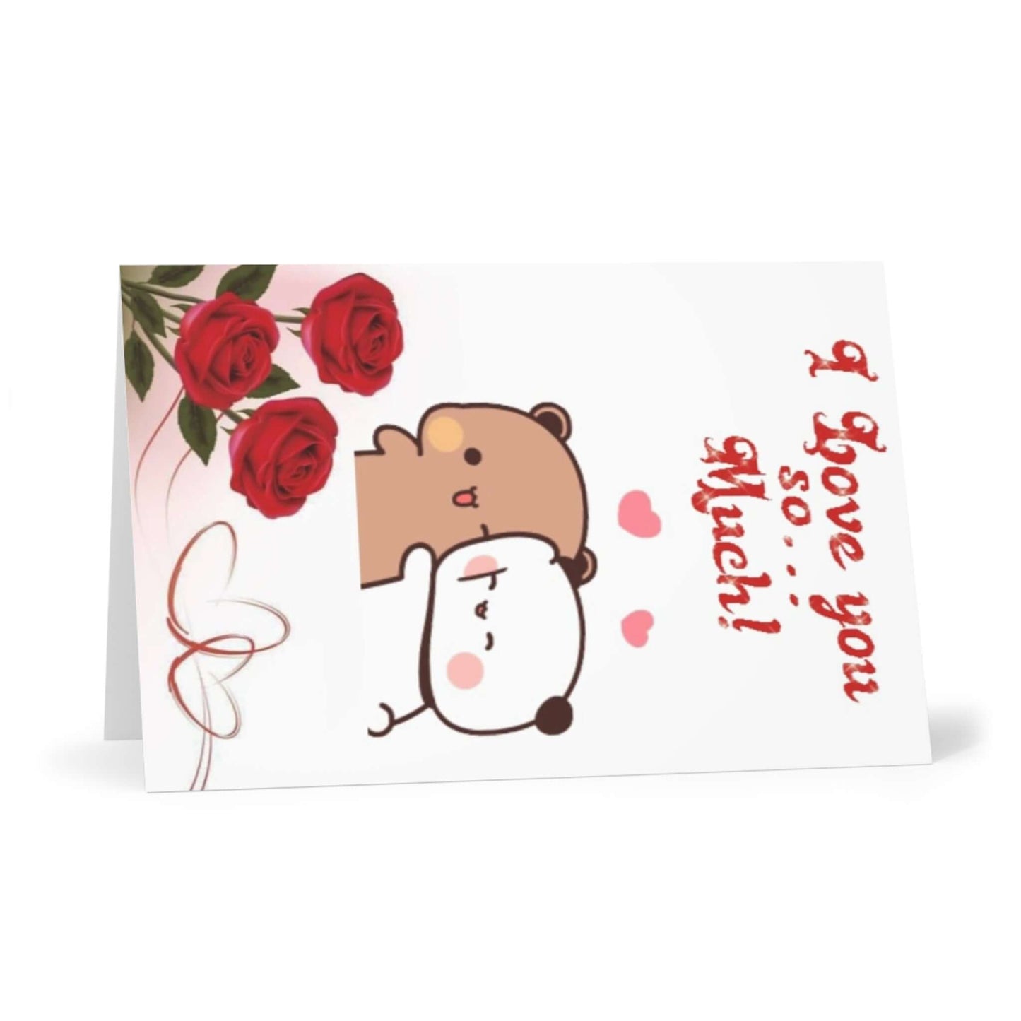 Cute happy anniversary card featuring cartoon bears and red roses with the message 'I love you so... Much!'