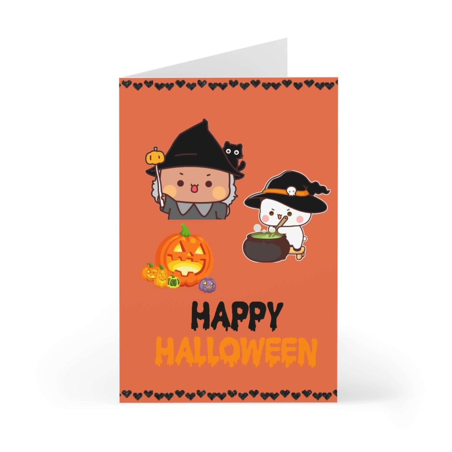 Halloween greeting card featuring cute characters with costumes, pumpkins, and the text 'Happy Halloween'.