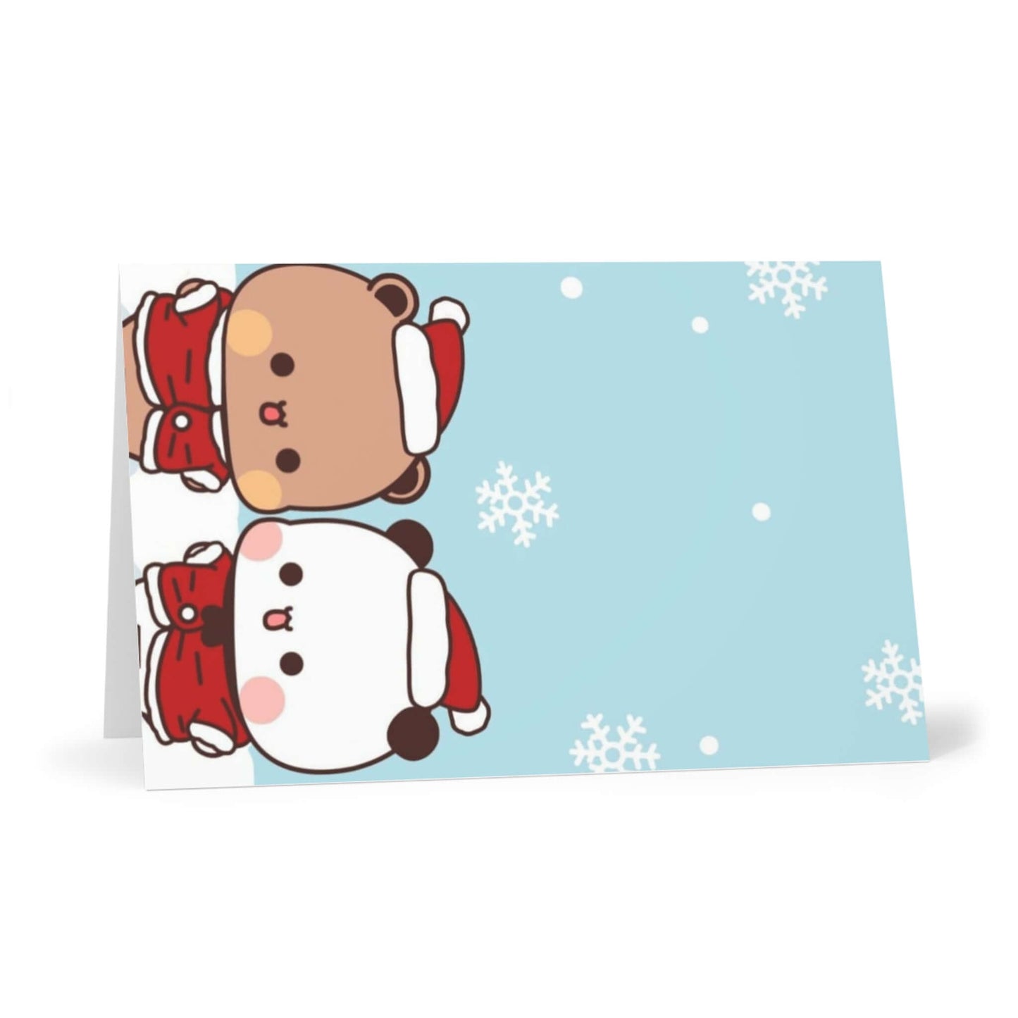 Cute Bubu and Dudu Christmas card featuring two adorable bears in Santa hats on a snowy blue background.