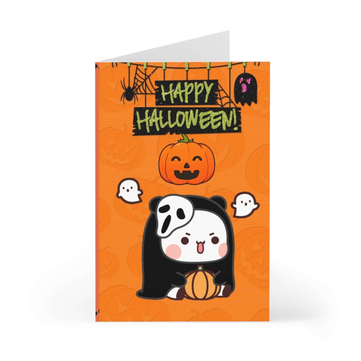 Happy Halloween card featuring cute characters, pumpkins, and ghosts for festive seasonal greetings.