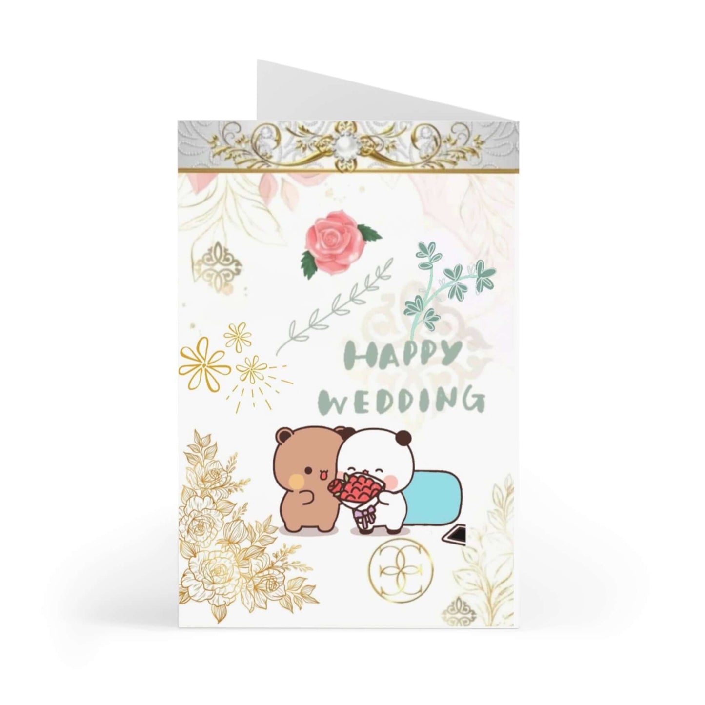 Bubu and Dudu wedding card featuring cute bears with flowers and 'Happy Wedding' text