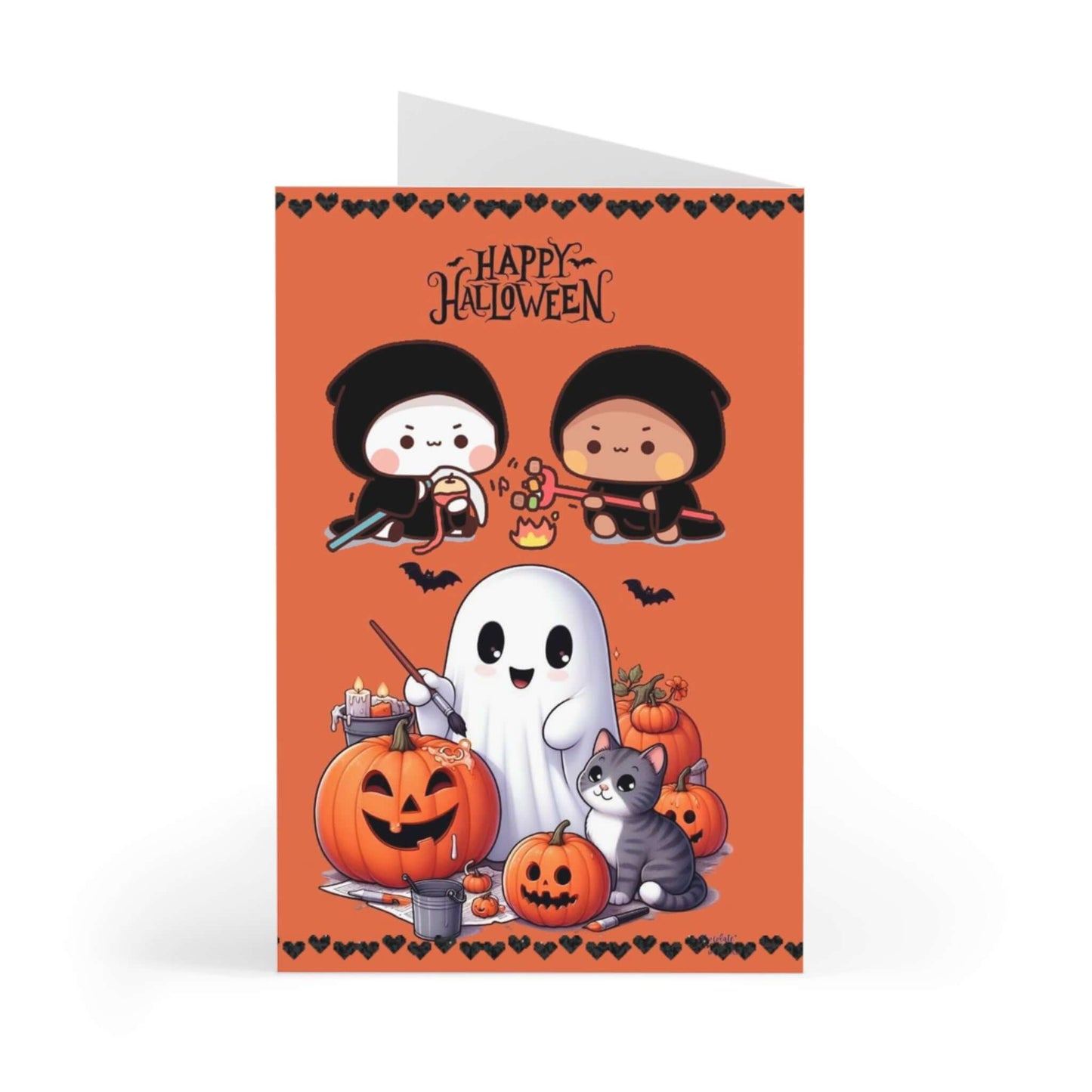 Halloween card featuring Dudu and Bubu with a ghost, pumpkins, and a cat on an orange background.