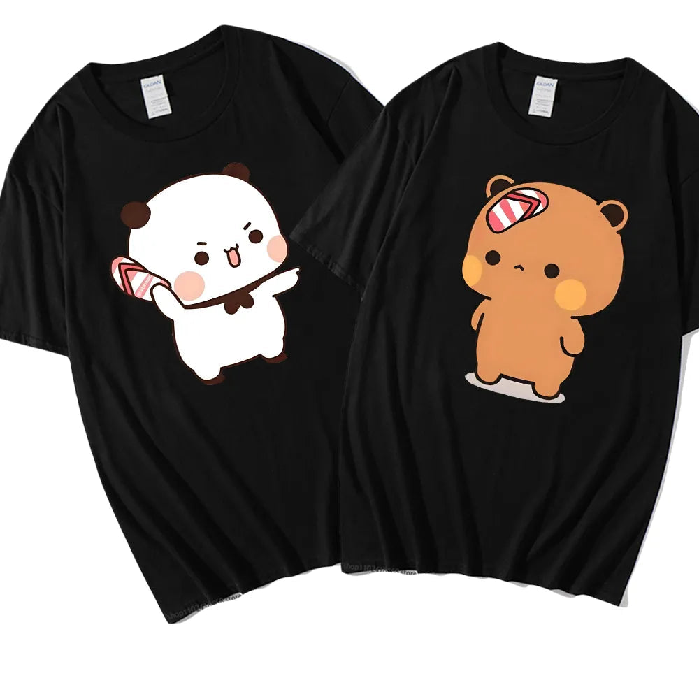 Dudu & Bubu T-shirt featuring playful bear and panda designs on black fabric, perfect for casual outings.