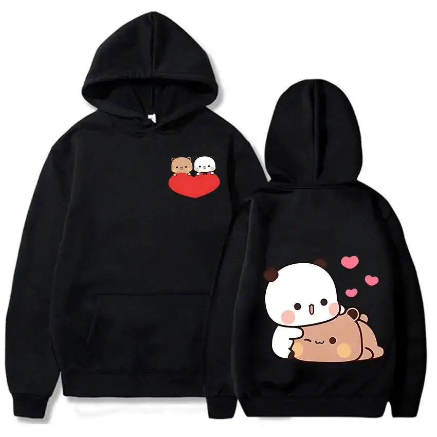 Black Bubu and Dudu hoodie featuring cute bear and panda designs with a heart print.