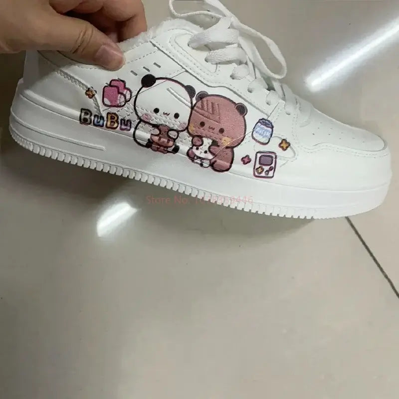 White sneakers featuring cute cartoon characters Bubu and Dudu, perfect for stylish everyday wear.