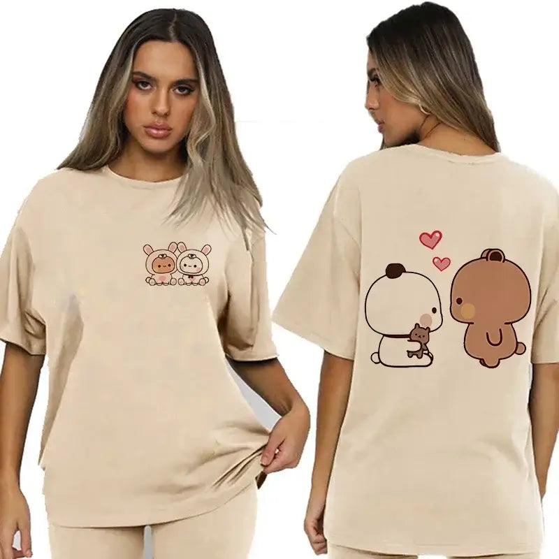Bubu and Dudu shirt featuring cute illustrations of Bubu the Bear and Dudu the Panda on a beige t-shirt.