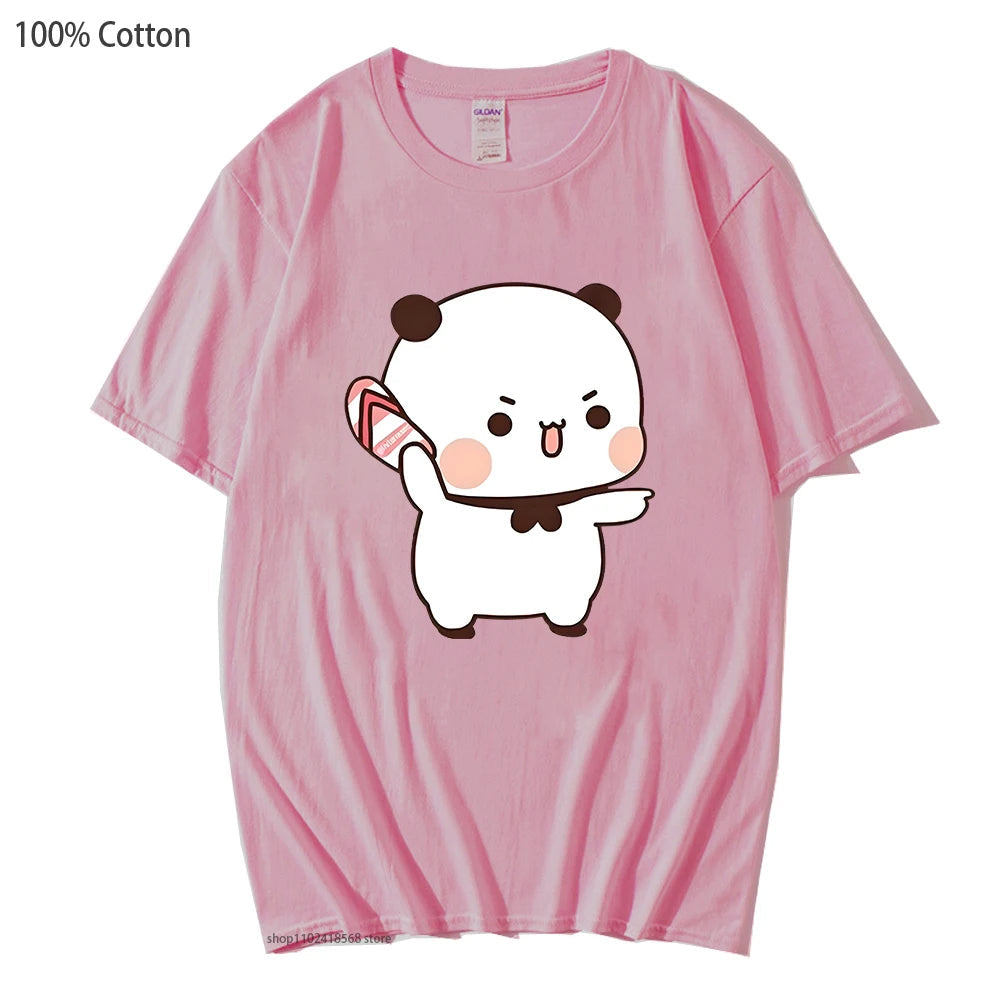 Cute pink Dudu & Bubu T-shirt featuring a playful panda design, made from 100% cotton for comfort and style.