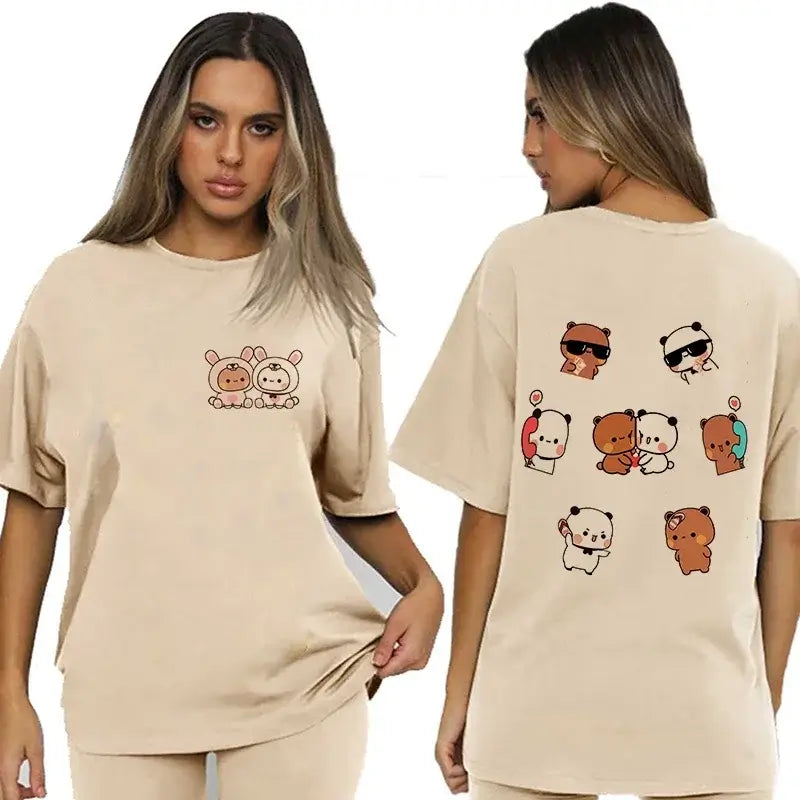 Stylish beige Bubu and Dudu t-shirt featuring cute illustrations of Bubu the Bear and Dudu the Panda.
