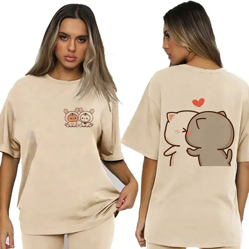 Bubu and Dudu t-shirts showcasing playful designs of Bubu the Bear and Dudu the Panda on a beige background.