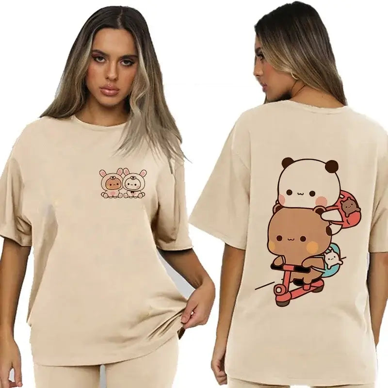 Bubu and Dudu shirt featuring playful character illustrations on a comfy beige t-shirt.