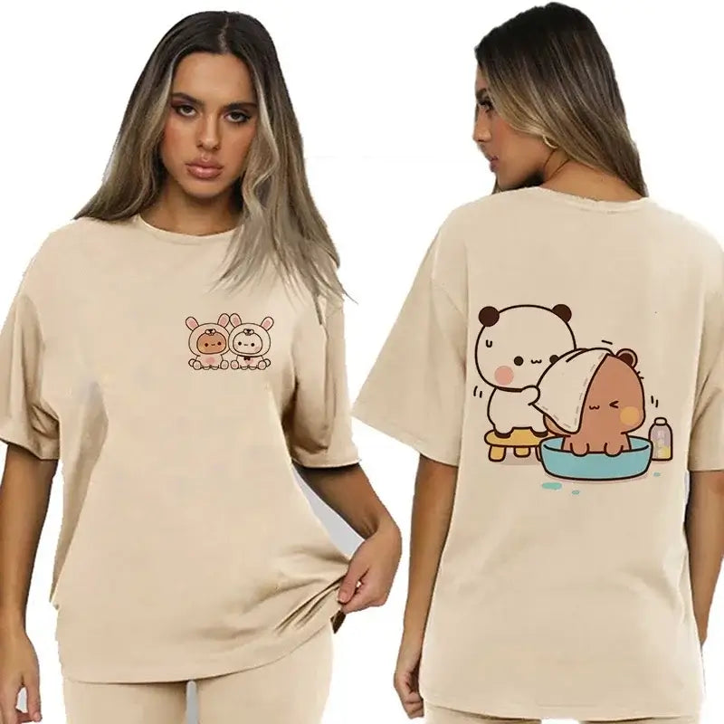 Bubu and Dudu t-shirt featuring adorable illustrations of Bubu the Bear and Dudu the Panda in playful poses.