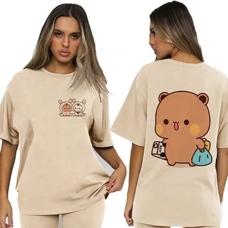 Bubu and Dudu T-shirt featuring playful bear and panda illustrations on a beige shirt.