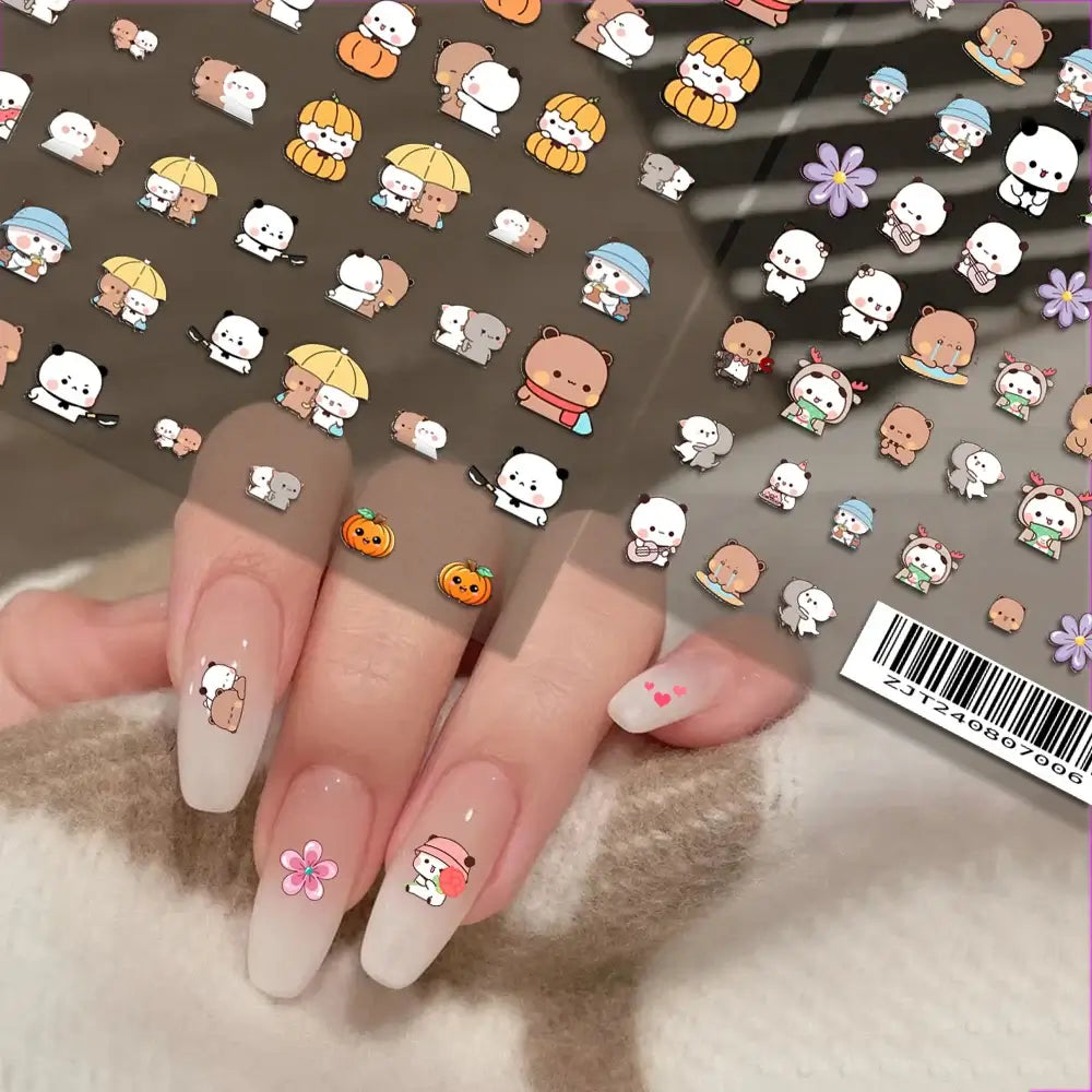 Nail art featuring Bubu and Dudu stickers, with playful designs like flowers, animals, and cute characters on stylish nails.