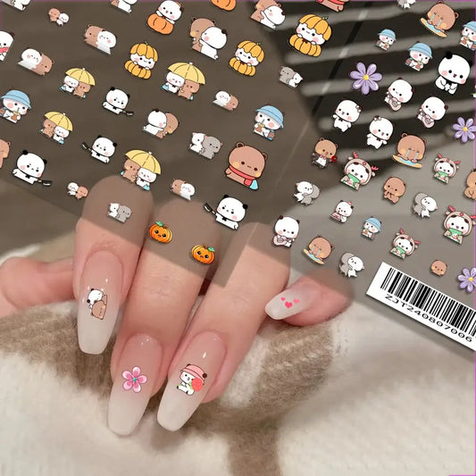 Nail art featuring Bubu and Dudu stickers, with playful designs like flowers, animals, and cute characters on stylish nails.
