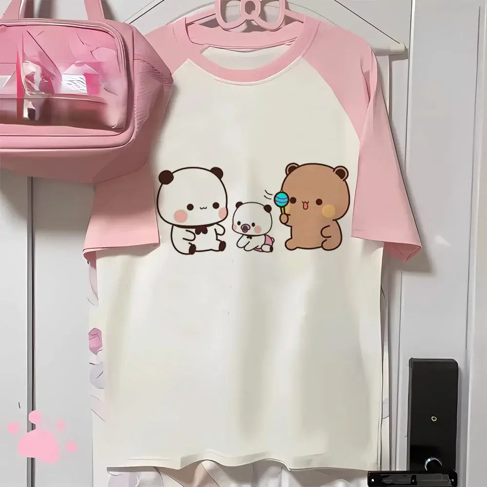 Bubu and Dudu women's shirt featuring cute bear character prints on a pink and white tee.