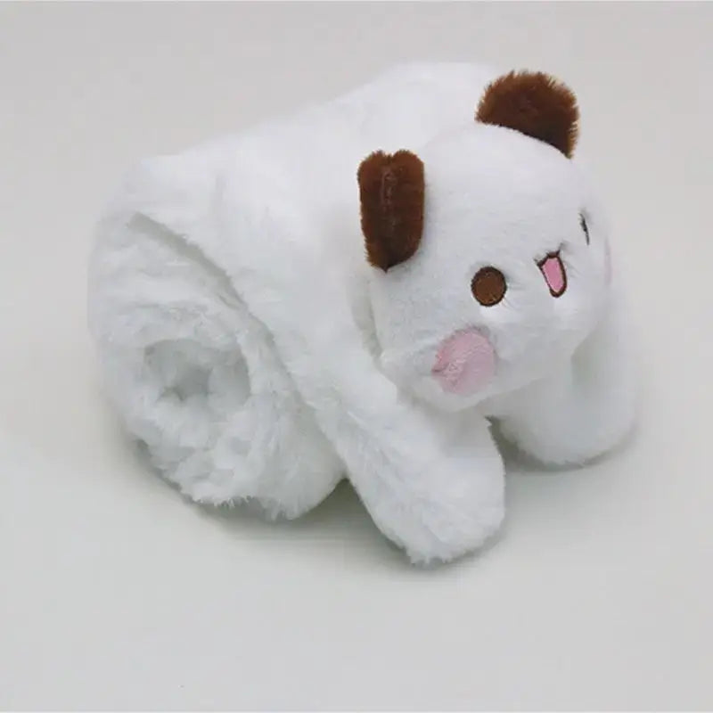 Cute plush cat roll toy with brown ears and a happy face, perfect for cuddling and play.