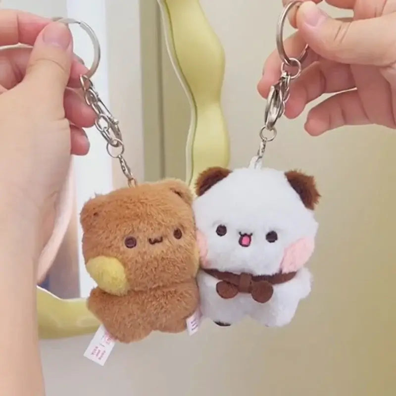 Bubu and Dudu keychain plush toys, adorable brown and white designs, perfect for backpack accessories.