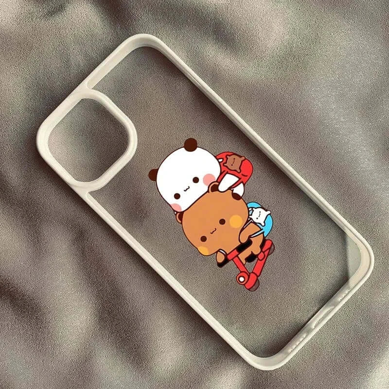Dudu the Panda and Bubu the Bear illustration on a protective iPhone case, designed for durability and style.