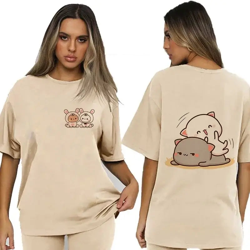 Bubu and Dudu shirt featuring adorable bear and panda illustrations on a beige t-shirt.