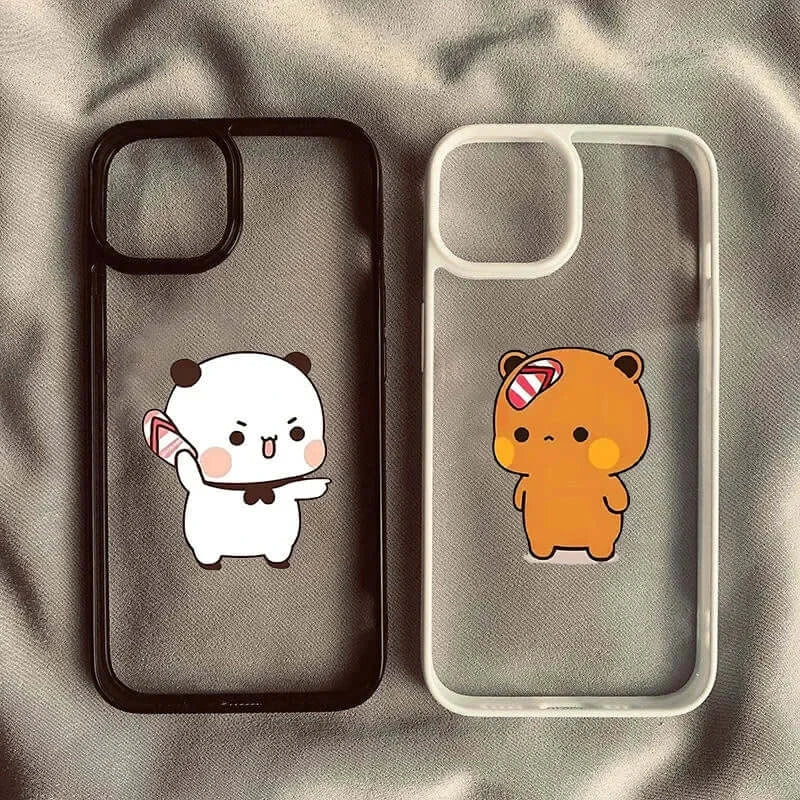 Dudu the Panda and Bubu the Bear iPhone cases in black and white, showcasing adorable cartoon designs.