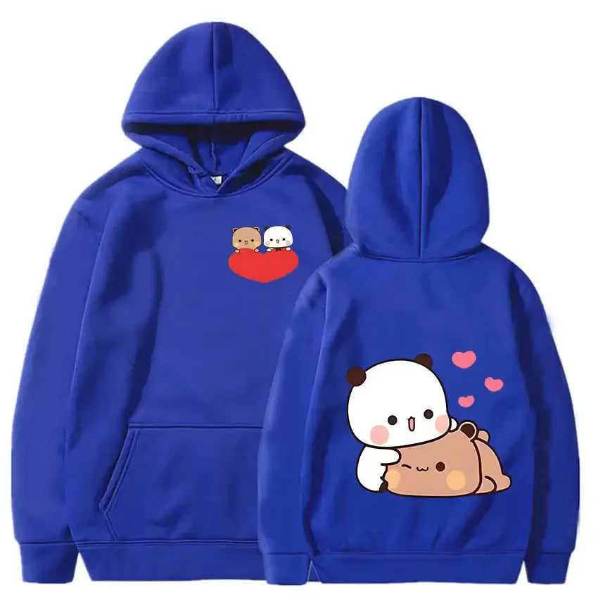 Bubu and Dudu blue hoodie featuring adorable bear and panda characters with a heart design.
