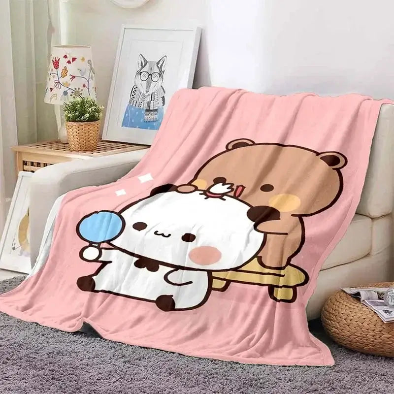 Bubu and Dudu cartoon blanket featuring a panda and bear design, perfect for cozying up in soft fabric.