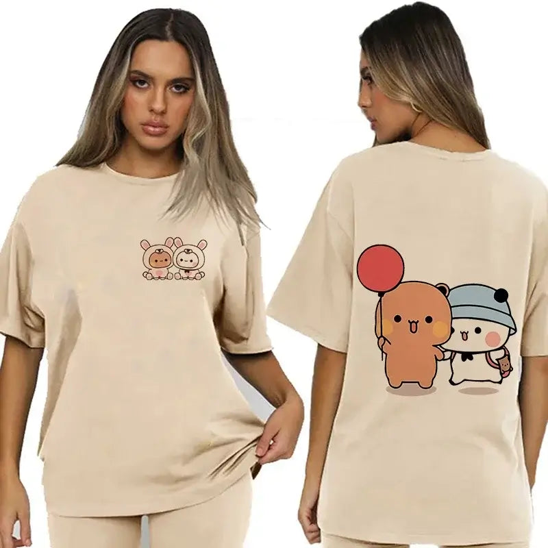 Bubu and Dudu shirt featuring cute illustrations on a casual beige t-shirt, perfect for fans of the charming duo.