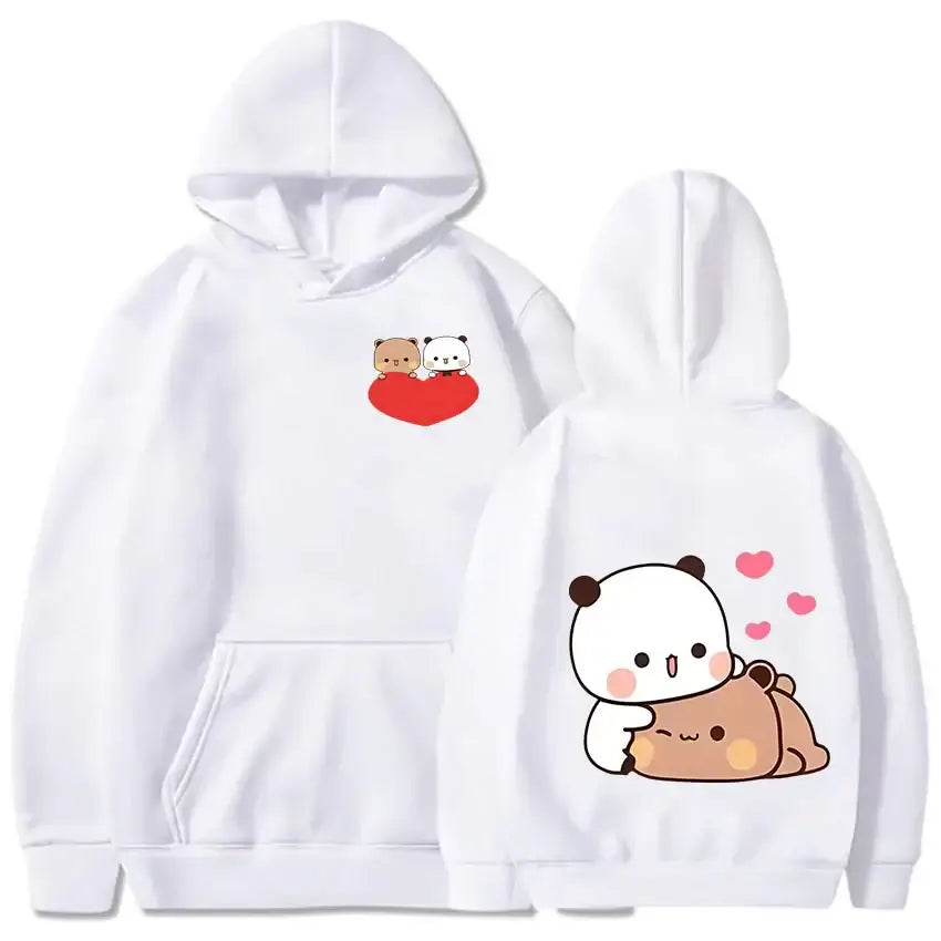 White Bubu and Dudu hoodie featuring cute bear and panda illustrations on front and back.