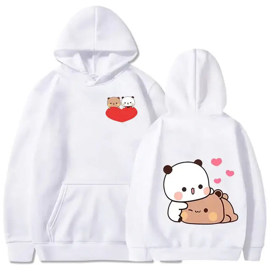 White Bubu and Dudu hoodie featuring cute bear and panda illustrations on front and back.