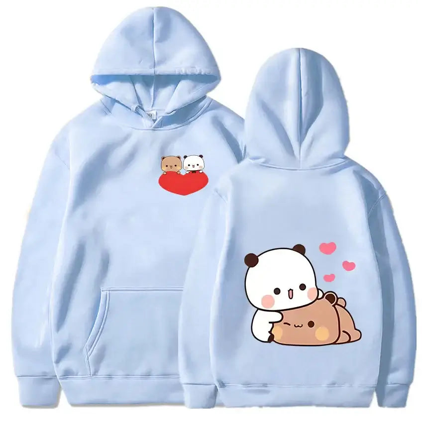Blue Bubu and Dudu hoodie featuring cute bear and panda designs on front and back.