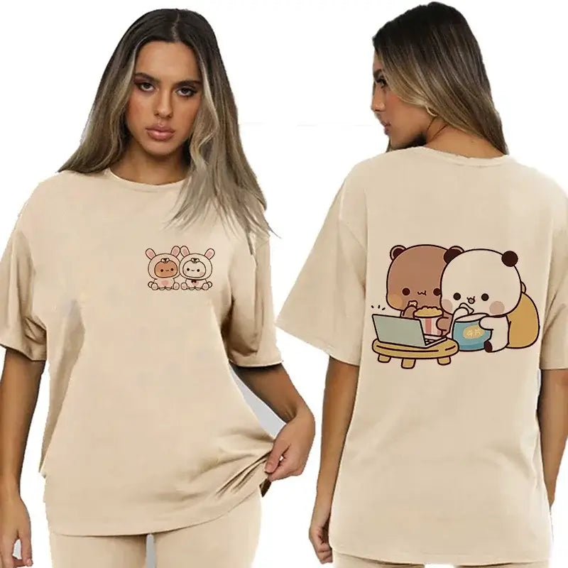 Bubu and Dudu shirt featuring cute bear and panda illustrations on a stylish beige t-shirt.