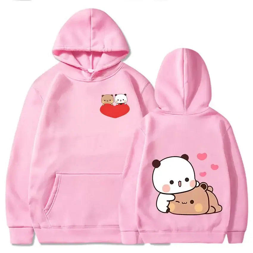 Bubu and Dudu pink hoodie featuring adorable bear and panda designs with heart graphics.