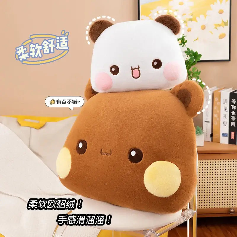 Cute Bubu and Dudu plushie pillows, featuring a bear and panda design, perfect for comfort and decor.