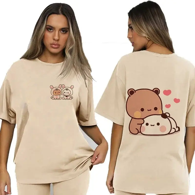 Bubu and Dudu shirt featuring cute bear and panda illustrations on a comfortable beige t-shirt.
