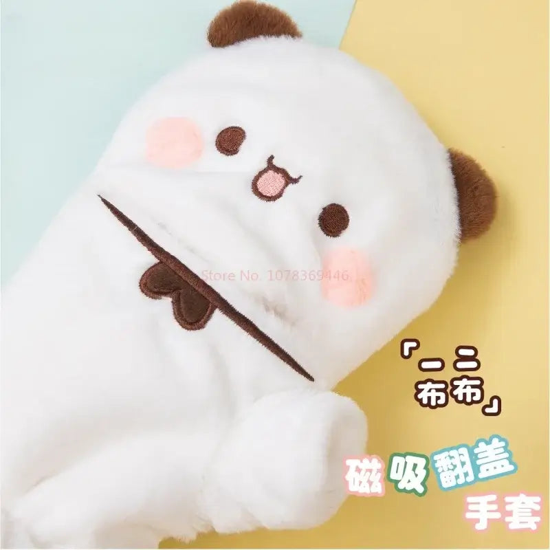 Cute plush white bear hand warmer with brown accents and smiling face, perfect for cozy winter warmth.
