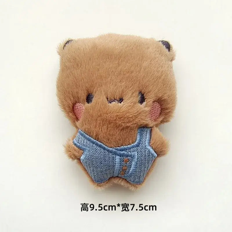 Bubu and Dudu Mini Plush toy featuring a cute bear in denim overalls, measuring 9.5cm by 7.5cm.