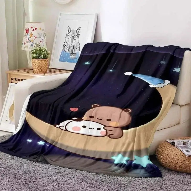 Cozy Bubu and Dudu blanket featuring a bear and a panda on a moon, perfect for snuggling and enhancing comfort.