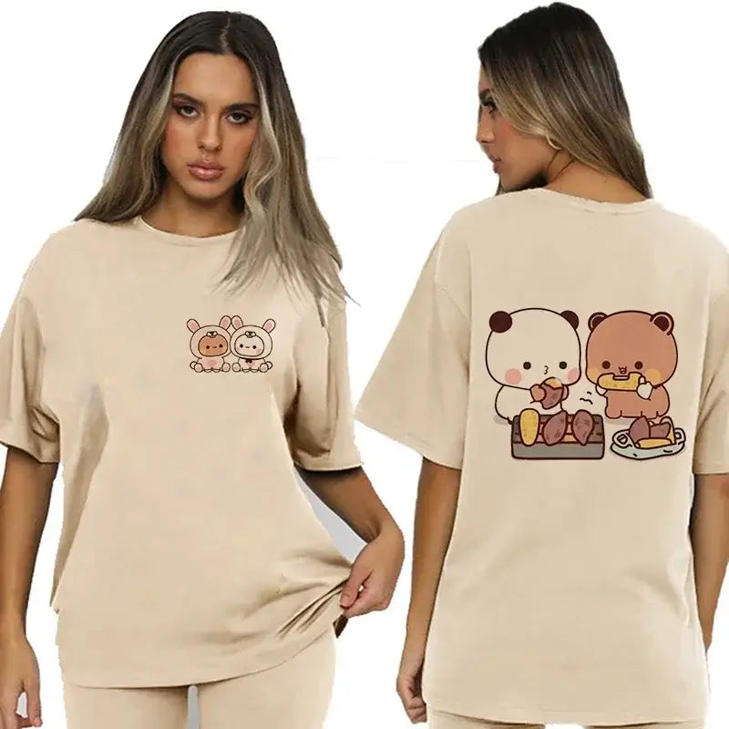 Bubu and Dudu T-Shirt featuring adorable illustrations of the bear and panda on a beige background.