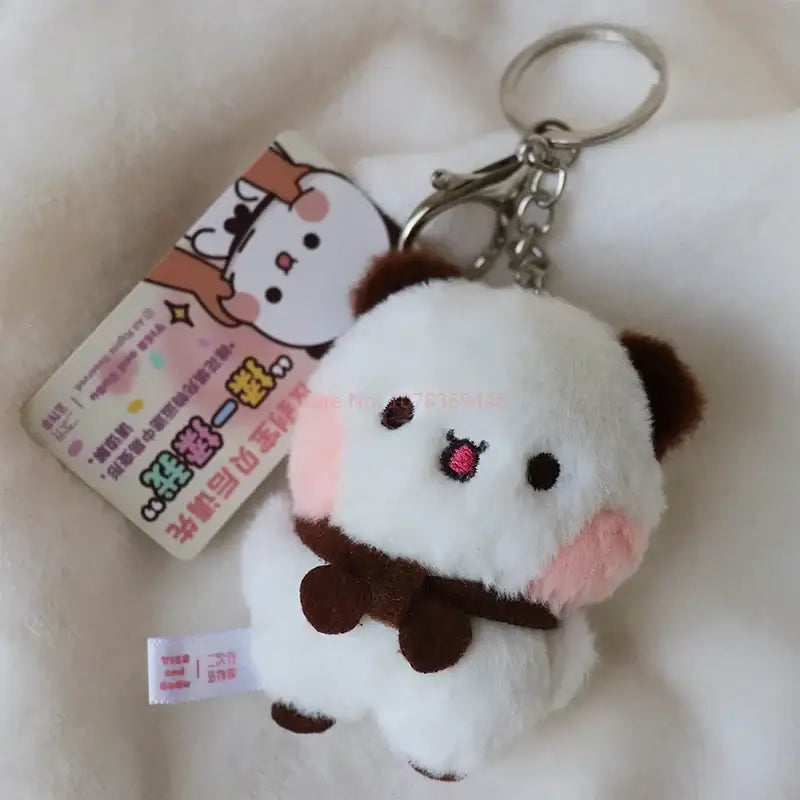 Bubu and Dudu keychain plush, cute panda design, soft and fluffy accessory for bags or keys.